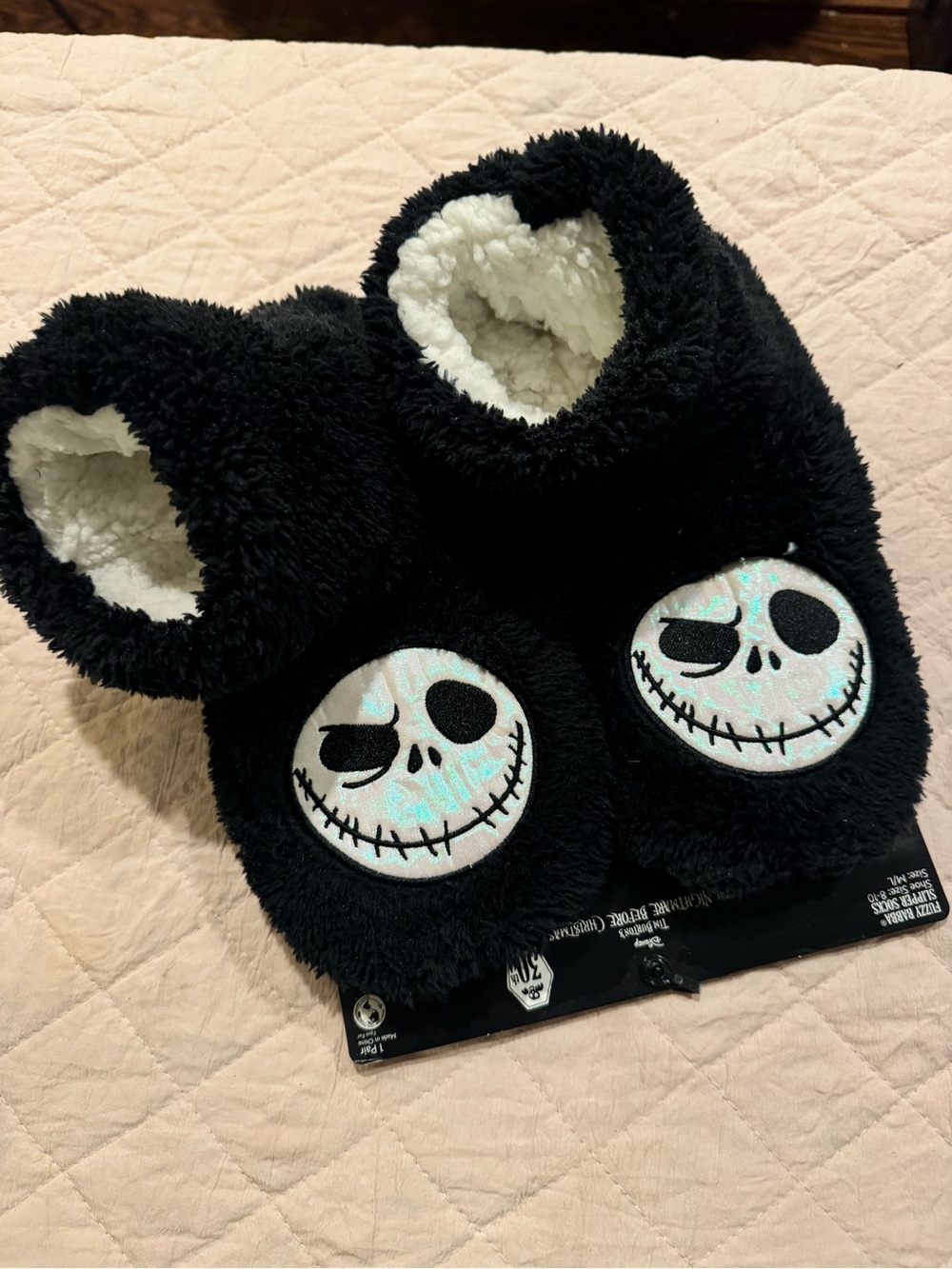 Plush Black Slipper Socks with Jack Skellington Face